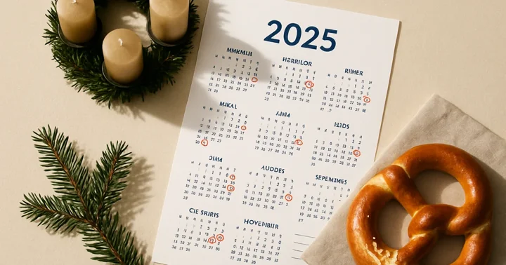 A red-circled German calendar, Advent wreath, and pretzel showing Germany's public holidays.