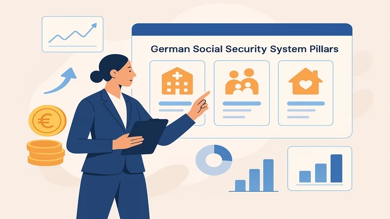 Diagram showing the five pillars of the German social security system including Krankenversicherung and Rentenversicherung