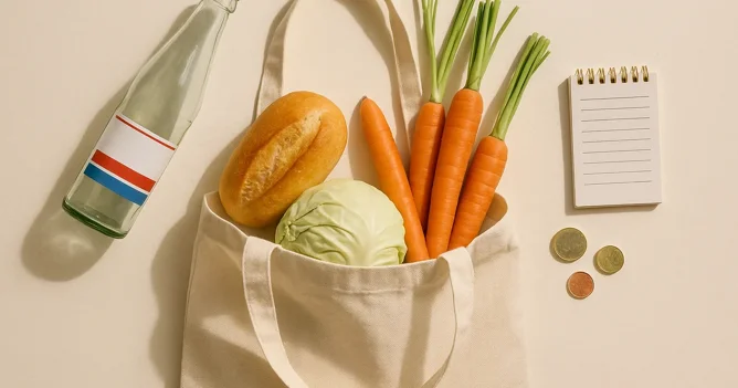 Cotton tote with fresh groceries, a Pfand bottle and a shopping list — affordable supermarkets in Germany.