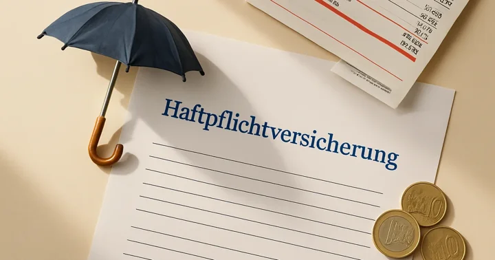 A printed German liability insurance policy document beside a small umbrella, representing GetSafe digital insurance coverage.