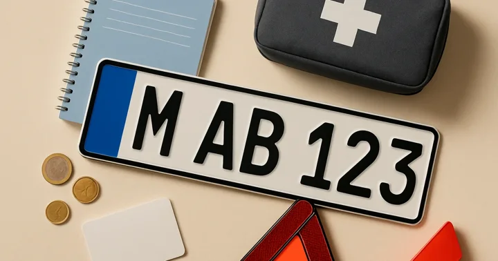A German number plate, driving-school theory booklet, first-aid kit and warning triangle arranged top-down, illustrating getting a driving licence in Germany.