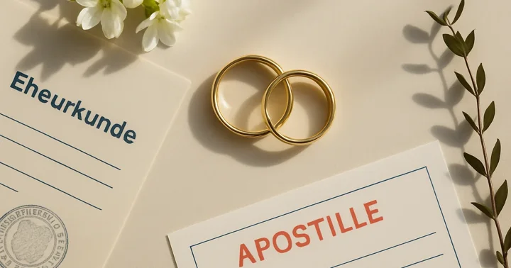 Gold wedding rings rest on a stamped German Standesamt marriage certificate, symbolising getting married in Germany.