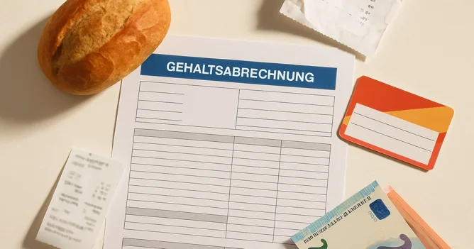 A German payslip beside a supermarket receipt and transit card, illustrating what counts as a good salary in Germany.
