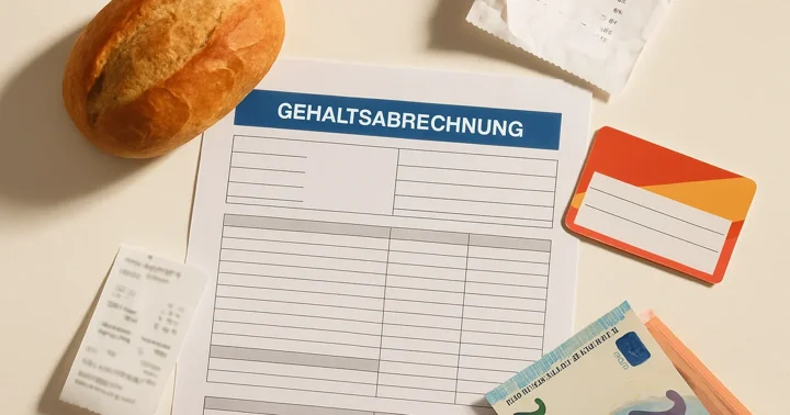 A German payslip beside a supermarket receipt and transit card, illustrating what counts as a good salary in Germany.