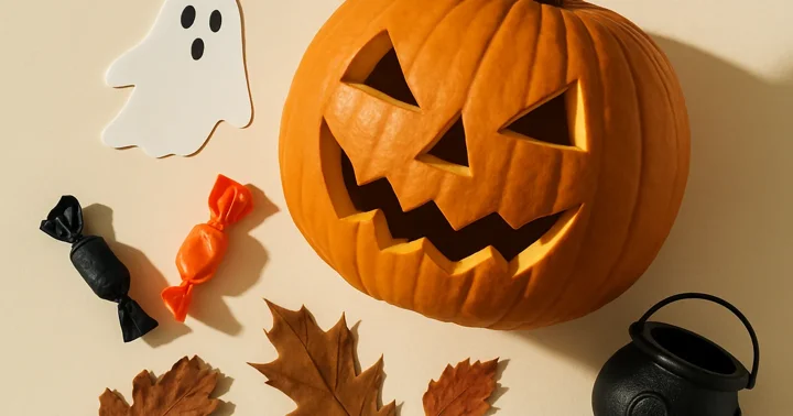 A carved Halloween pumpkin surrounded by candy and autumn leaves, showing how Germany celebrates Halloween.