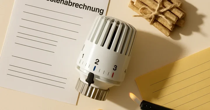 A radiator thermostat, heating cost statement, and gas bill arranged flat-lay, illustrating home heating in Germany.