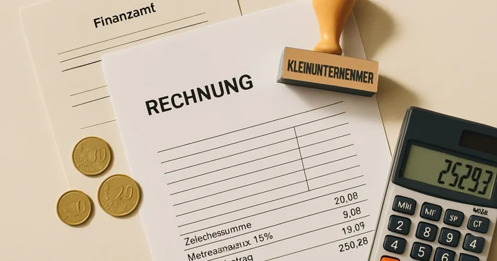 A freelance invoice showing 19% VAT beside a Finanzamt tax number document, illustrating how to charge VAT in Germany.