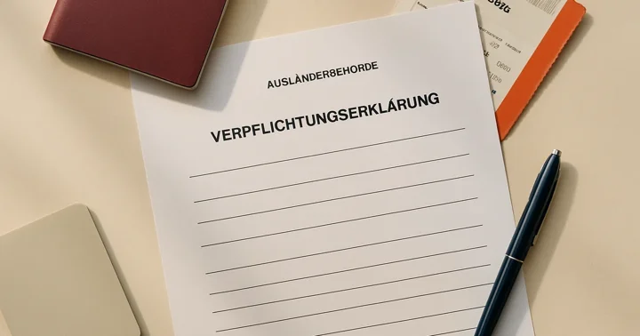 A Verpflichtungserklärung form from the Ausländerbehörde beside a boarding pass and pen.