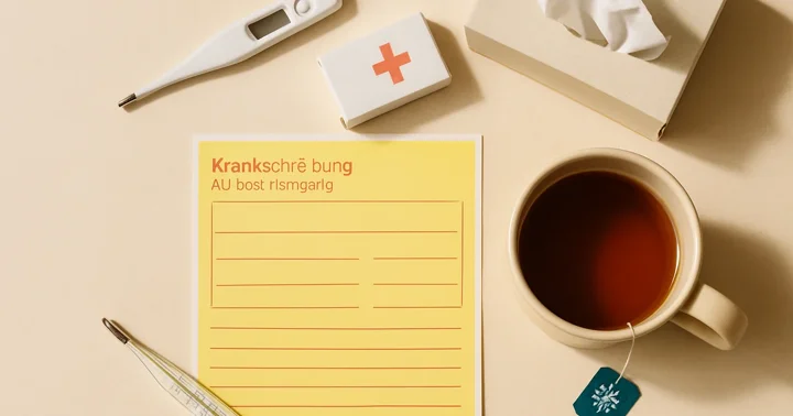 Top-down still life of a yellow German sick note, thermometer, and tea mug representing sick leave in Germany.