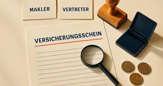 German insurance policy documents beside Makler and Vertreter business cards, illustrating broker vs agent choice in Germany.