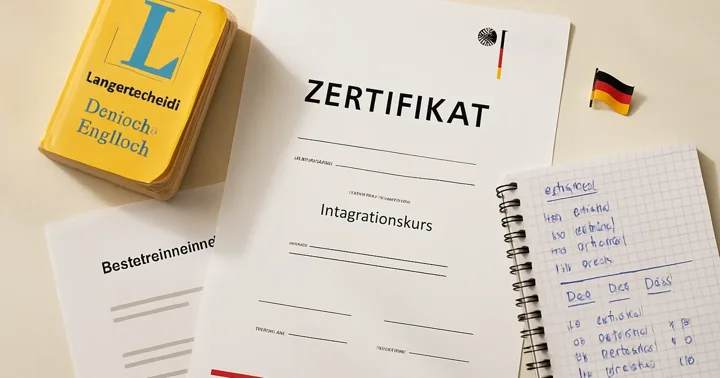 A BAMF integration course certificate beside a German dictionary and grammar notebook, representing Germany's integration course.