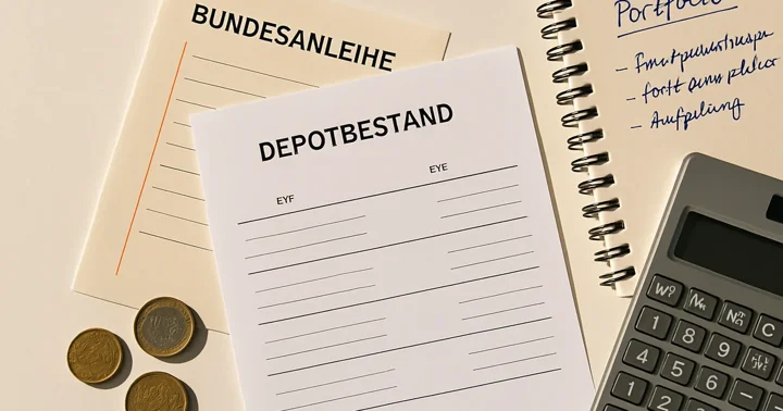 Top-down flat lay of a brokerage statement, bond documents and a notebook illustrating investing in Germany.