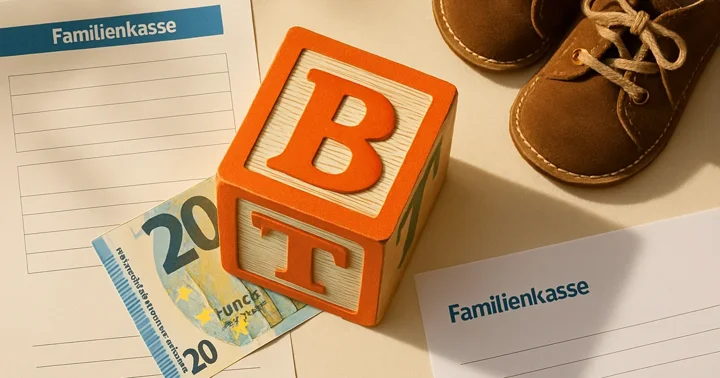 Wooden letter blocks, tiny children's shoes and a Familienkasse form arranged as a flat lay about German Kindergeld.