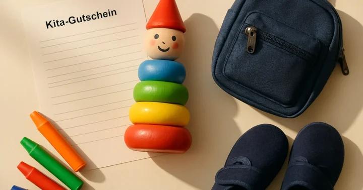 Wooden toy figure, Kita-Gutschein form, toddler backpack and crayons styled as a flat lay about German daycare.
