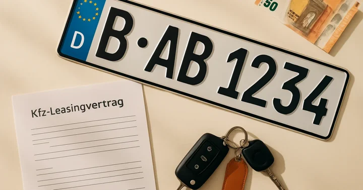 A German Kfz number plate, lease contract, and car keys arranged top-down, representing car leasing in Germany.
