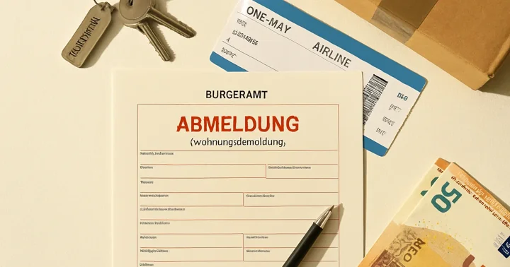 Top-down flat lay of an Abmeldung form, house keys, a boarding pass and a moving box, symbolising leaving Germany.