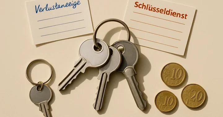 A bundle of lost house keys beside a handwritten loss report note and a locksmith card, illustrating lost keys in Germany.