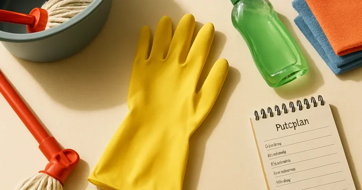 Top-down flat lay of rubber gloves, mop, cleaning supplies and a German cleaning schedule for a maid guide.