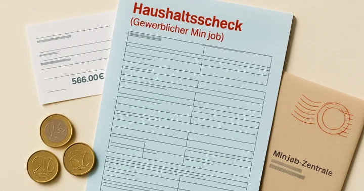 A Minijob-Zentrale registration form beside a payslip and coins, illustrating mini job rules in Germany.