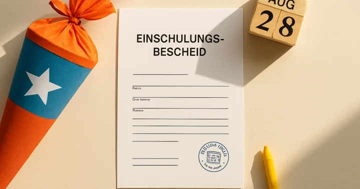 A German school enrolment letter beside a colourful Schultüte, illustrating Muss-Kind and Kann-Kind school entry rules.