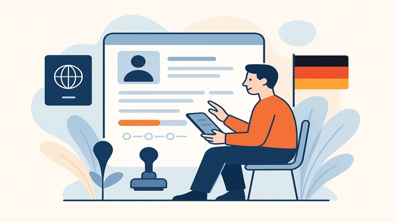 Expat overwhelmed by German visa paperwork at a desk