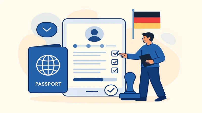 A collection of German visa documents and application forms spread across a desk