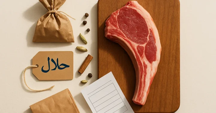 Top-down flat lay of raw lamb chops, a halal tag, butcher paper and spices illustrating online halal meat delivery in Germany.