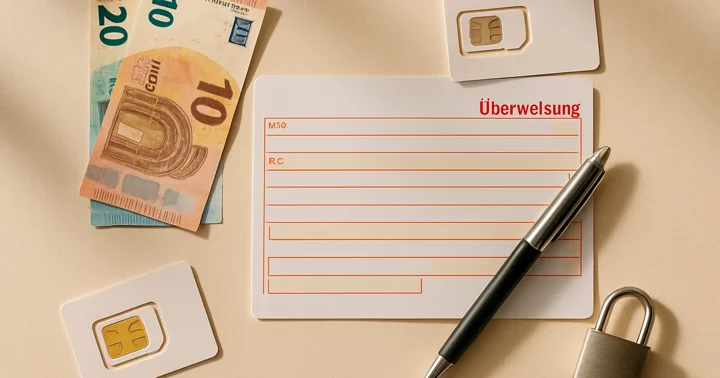 A German bank transfer slip, euro notes, and a pen arranged flat-lay, representing opening a Commerzbank account online.