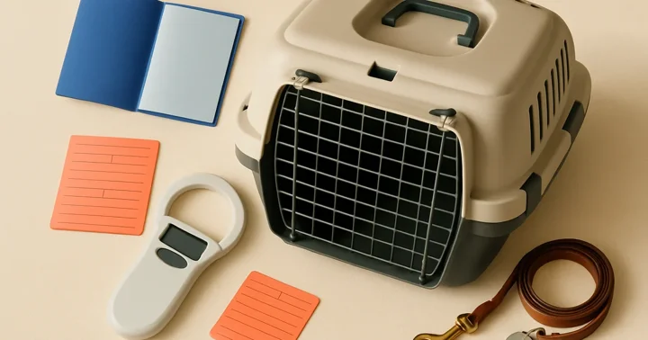 A pet carrier, EU pet passport, vaccination card and Hundesteuer tag arranged for bringing pets to Germany.