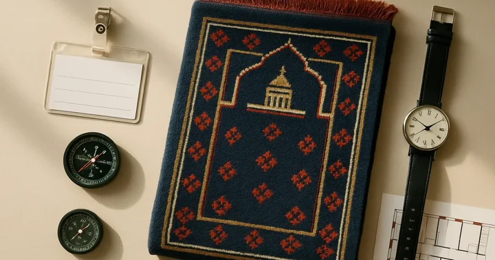 A folded prayer rug beside a compass and work badge, illustrating praying at the workplace in Germany.
