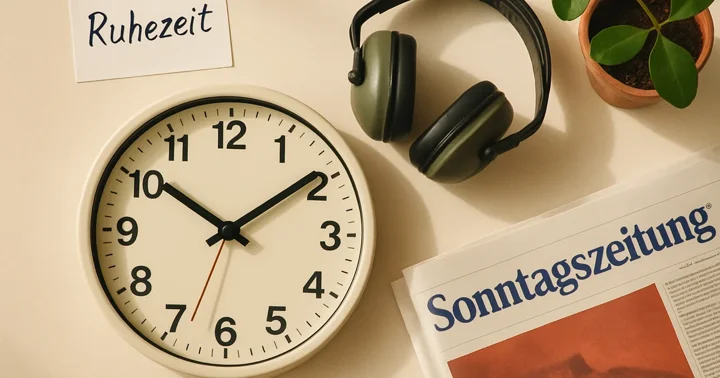 A wall clock showing 10pm beside a handwritten Ruhezeit notice, illustrating Germany's mandatory quiet hours rules.