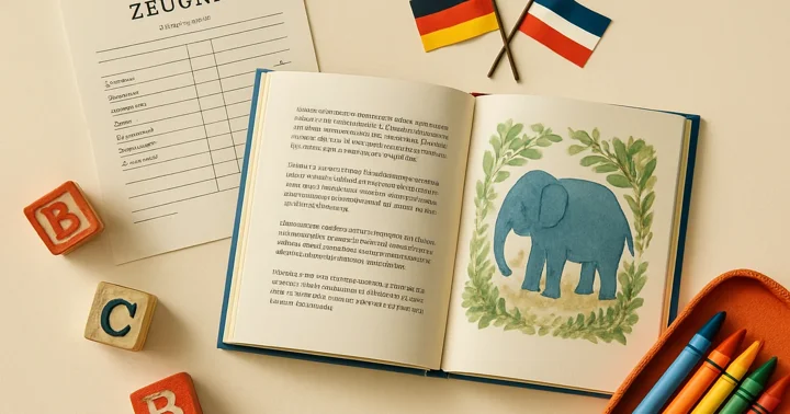 A bilingual children's book beside a German school report and two small crossed flags, illustrating raising bilingual kids in Germany.