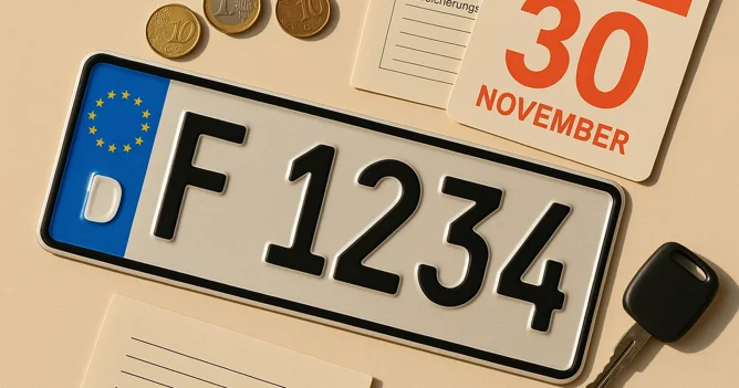 German number plate, euro coins and a car insurance document, with a 30 November calendar: switching car insurance in Germany