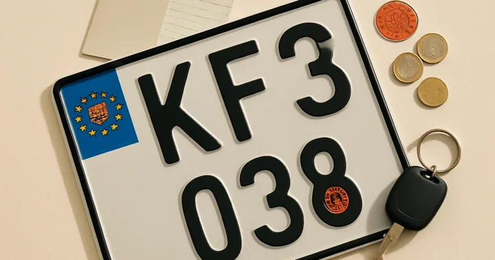 A German number plate, Fahrzeugschein, car key, and TÜV sticker laid out flat for car registration in Germany.
