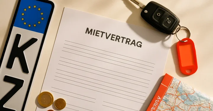 A car rental contract, German number plate, and car key arranged as a still life about renting cars in Germany.