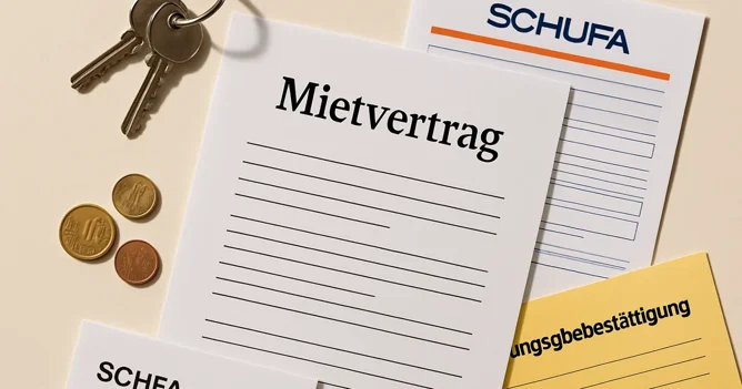 A German Mietvertrag, house keys, SCHUFA report and Wohnungsgeberbestätigung form for renting in Germany.