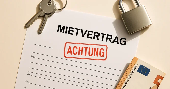 A stamped German Mietvertrag, apartment keys, and a padlock arranged top-down, illustrating rental scam risks.
