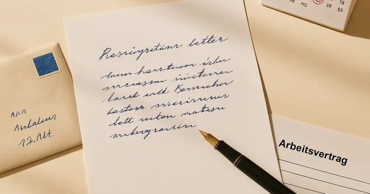 Handwritten resignation letter with fountain pen, stamped envelope, and German employment contract — quitting a job in Germany.
