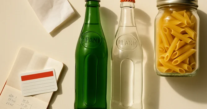 Pfand bottles, a supermarket receipt, and a budget notebook arranged as a guide to saving money in Germany.
