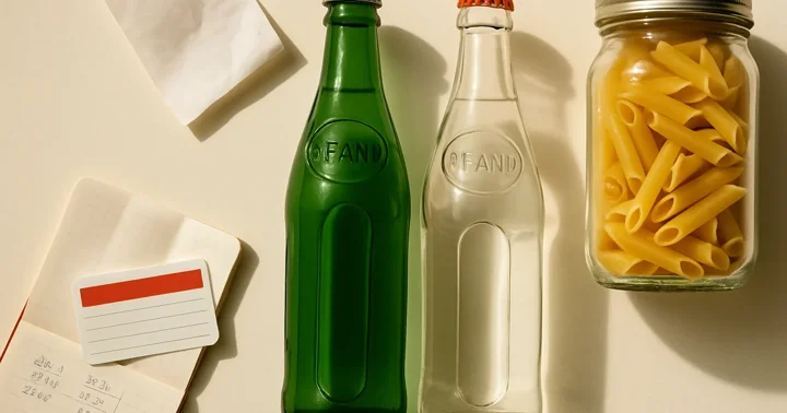Pfand bottles, a supermarket receipt, and a budget notebook arranged as a guide to saving money in Germany.