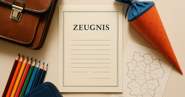 A German school report card beside a Ranzen and Schultüte, illustrating how to choose a Schulort in Germany.