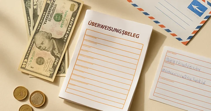 A printed bank transfer slip next to foreign banknotes and a German IBAN form, illustrating sending money overseas.