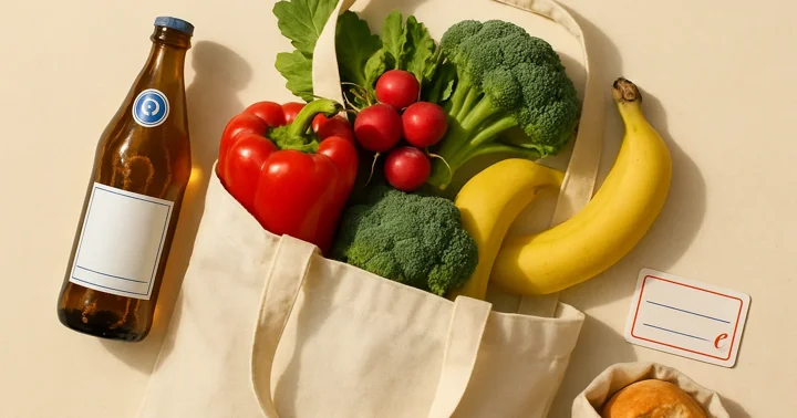 Canvas bag of groceries, a Pfand bottle, and market price tags — a guide to shopping in Germany.
