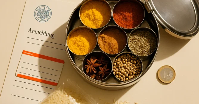 Steel tiffin, German registration letter, transit card and basmati rice arranged as a still life for South Asian expat life in Germany.