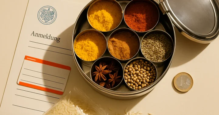 Steel tiffin, German registration letter, transit card and basmati rice arranged as a still life for South Asian expat life in Germany.