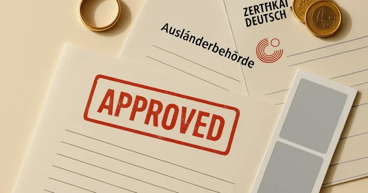 Stamped Ausländerbehörde letter beside a wedding ring and language certificate for a Germany spouse visa guide.