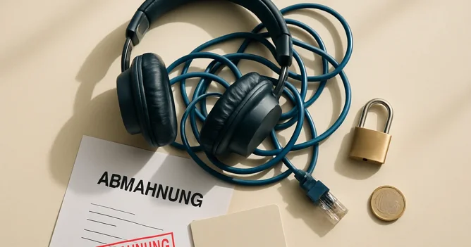 Headphones, a stamped Abmahnung letter, and a padlock arranged on a flat surface, illustrating streaming legality in Germany.