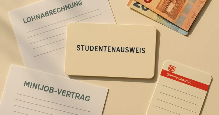 A Minijob contract, payslip, and Semesterticket arranged on a desk, illustrating student jobs in Germany.