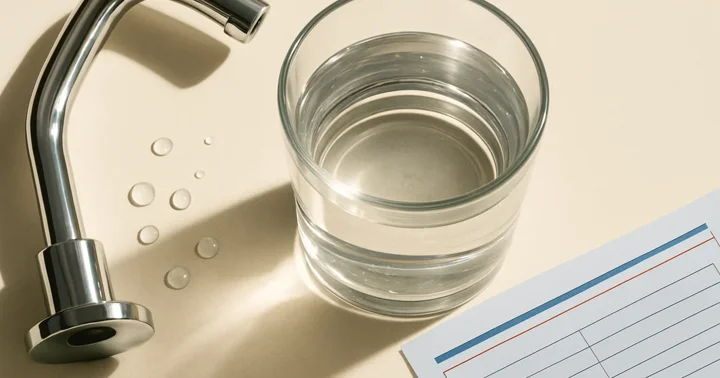 A clear glass of tap water beside a chrome kitchen tap and a German water utility bill.