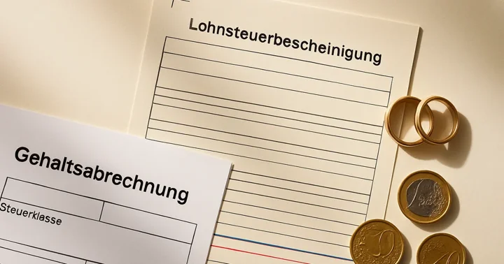 A German Lohnsteuerbescheinigung and pay slip beside wedding rings, illustrating tax classes in Germany.